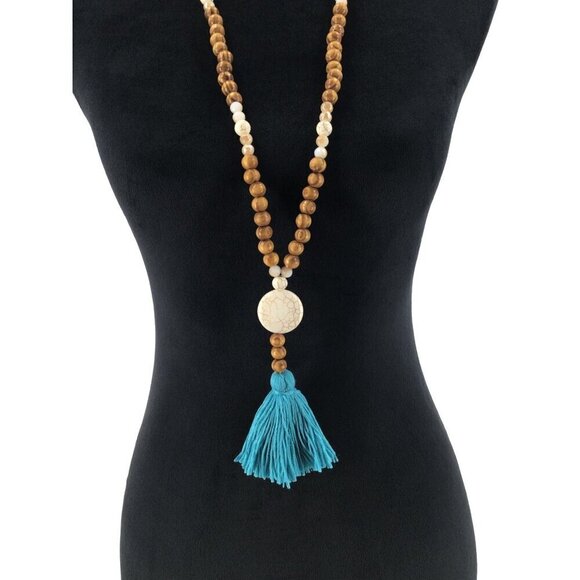 Bohemian Long Wooden Bead Necklace With Blue Tassel & Stone Pendant - Picture 4 of 4